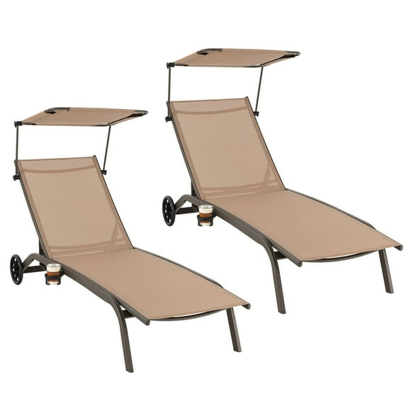 Gymax 2PCS Patio Chaise Lounge Chair Heavy-Duty Lounger Canopy Cup holder Wheeled 6-Level