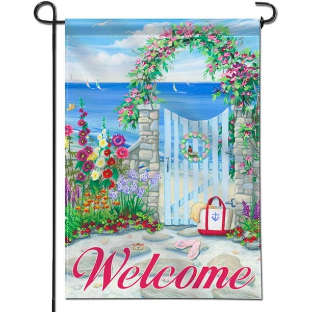 Drapeau Jardin vintage  - geai bleu, papillon, hydrangée