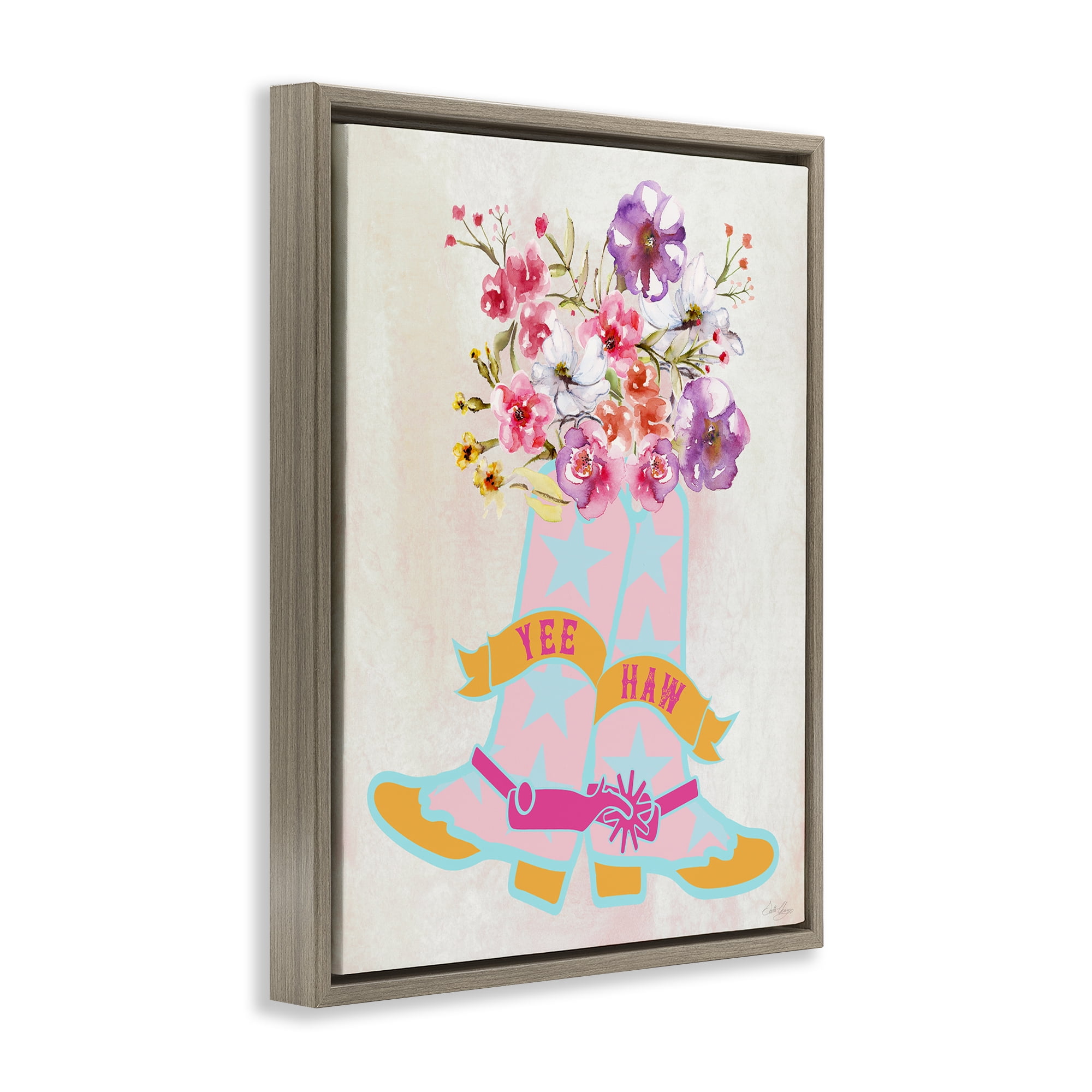 Stupell Industries Yee Haw Floral Cowgirl Plants & Flowers Painting Brown Floater Framed Canvas Art Print Wall Art, 17 x 21