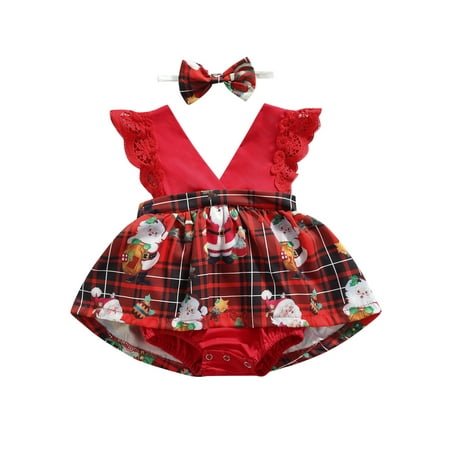 

Nokpsedcb Newborn Baby Girls Christmas Dress Sleeveless Santa Printed Patchwork Bodysuit Clothes Headband Red 12-18 Months