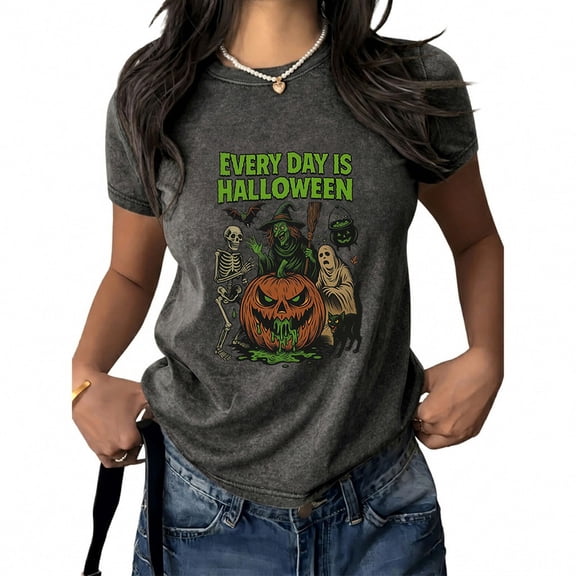 Vintage Halloween Short Sleeve Acid Washed Tops Every Day Is Halloween Print T-shirts Horror Charactersr Graphic Tees Cotton Shirts Black,2XL