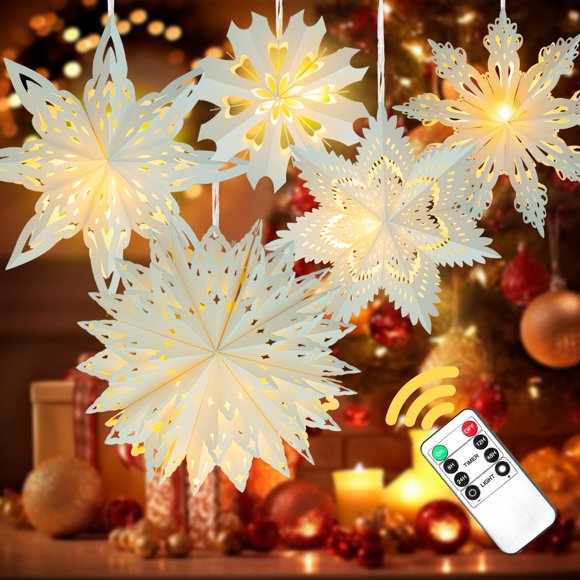Faroles navideños de papel con forma de copos de nieve OuMuaMua, paquete de 5 luces LED