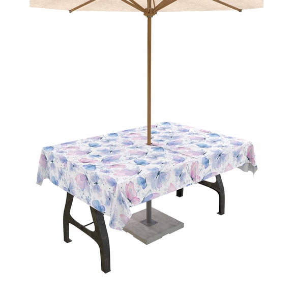 Fsddascl Blue Pink Butterfly Outdoor Tablecloth - 60x84 Inch Rectangle Dining Table Cover, Spring Watercolor Butterfly Waterproof Outdoor Table Cloth with Umbrella Hole & Zipper for Picnic/Patio