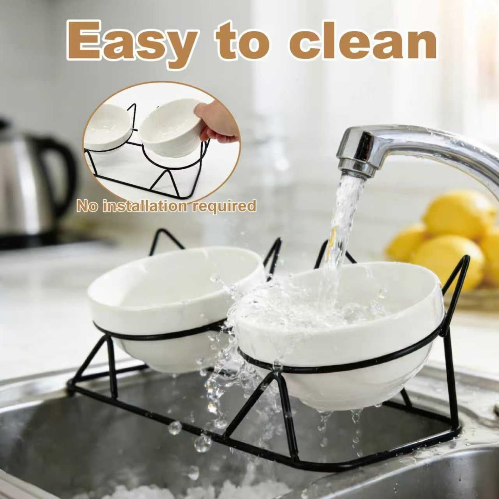 15° Raised Ceramic Cat Bowls, Anti-Vomiting Tilted Double Bowls with Absorbent Waterproof Pet Feeding Mat