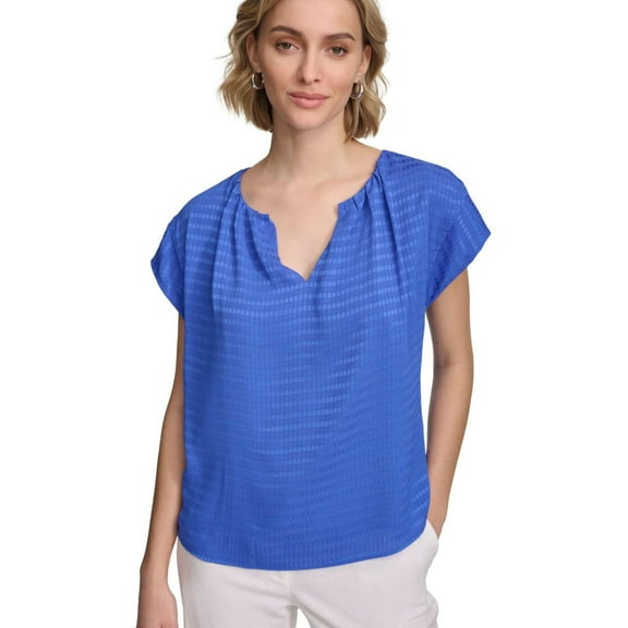 Calvin Klein Womens Textured Tunic Blouse, Blue, Large