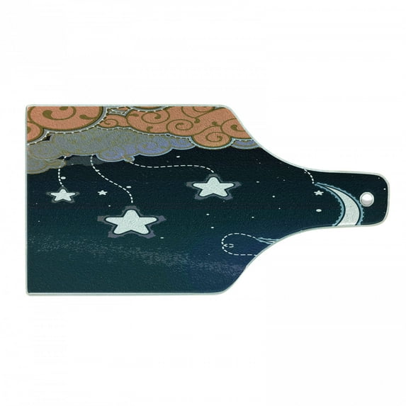 Moon Cutting Board, Cartoon Style Night Sky with Swirled Clouds Stars and Moon Dotted Lines, Tempered Glass Cutting and Serving Board, Wine Bottle Shape, Dark Blue Salmon White, by Ambesonne