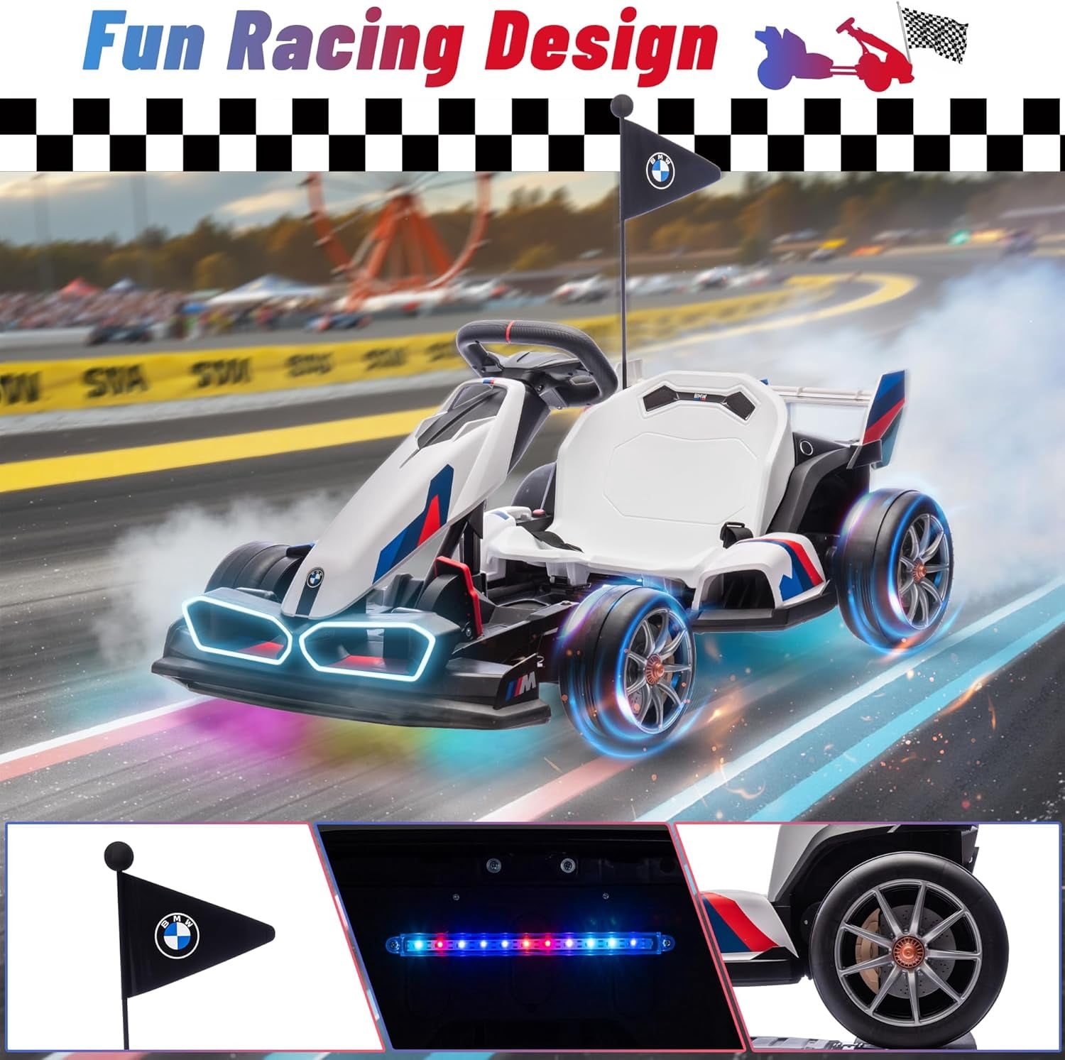 24V 9AH Electric Go Kart with Adjustable Seat,Licensed BMW 7.5 MPH Drift Kart for Kids Age 6-12, 2 * 200W Motors, Drift Mode and 2 Speed， White