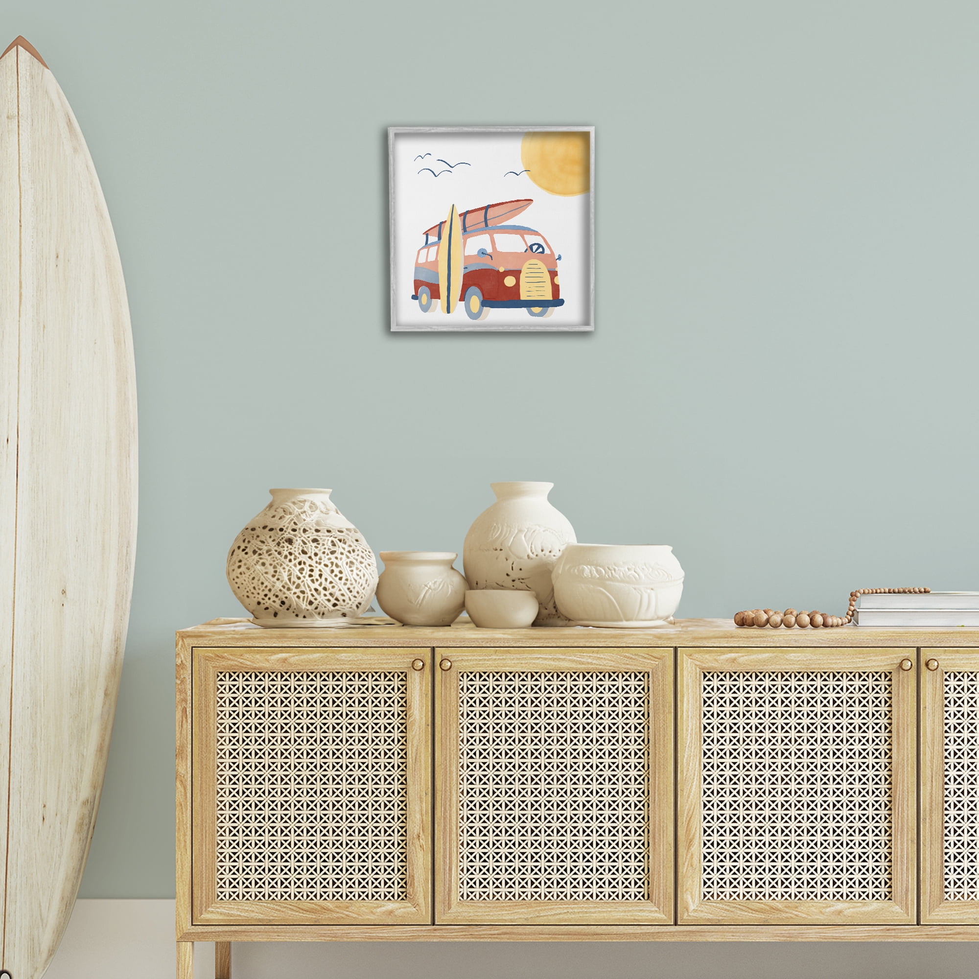 Stupell Industries Summer Surf Bus Transportation Painting Gray Framed Art Print Wall Art, 17 x 17