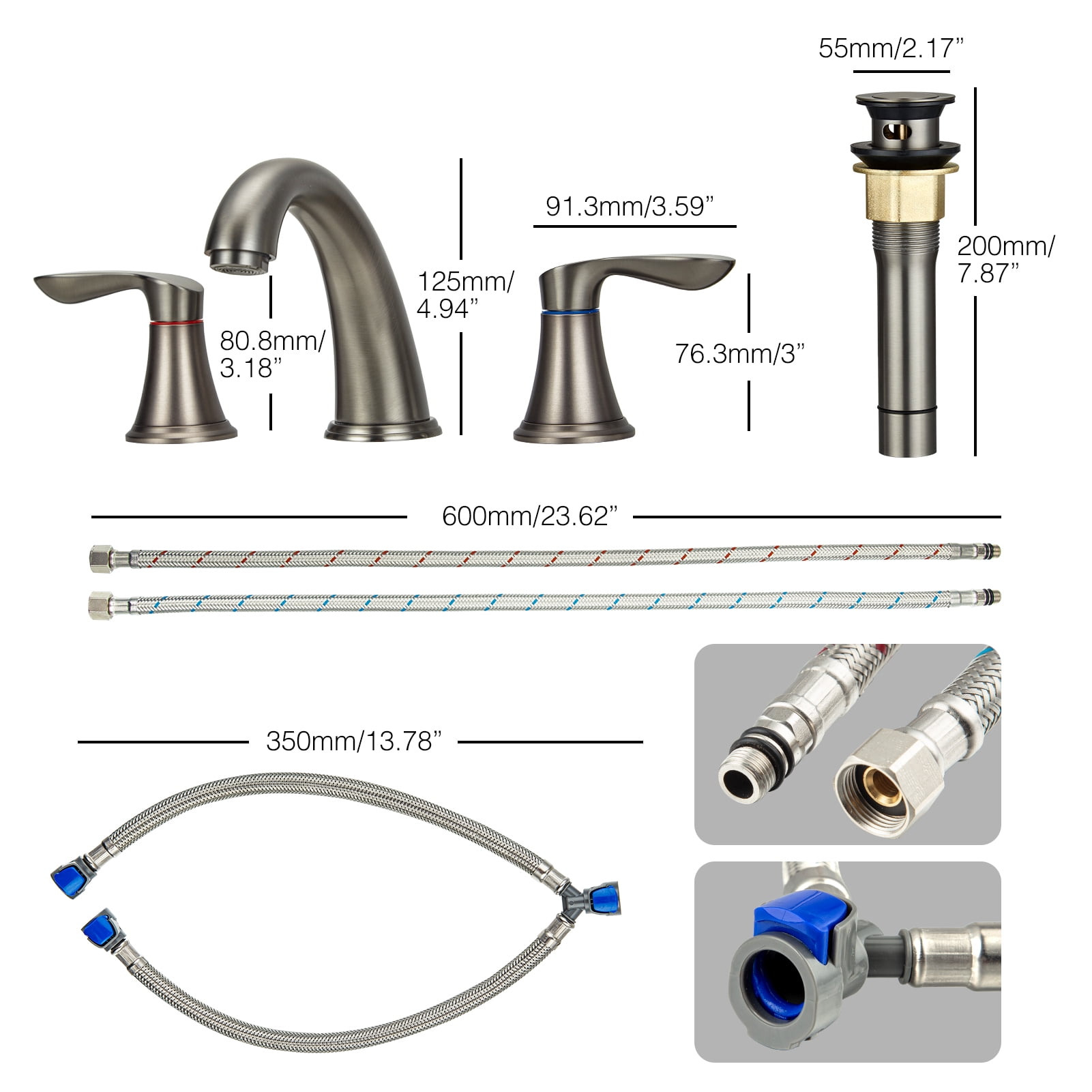 Bathroom Faucets for Sink 3 Hole, Faucet for Bathroom Sink, Widespread Bathroom Sink Faucet with Pop-up Drain and Supply Lines, for Bathroom Sink Vanity RV Farmhouse Sink