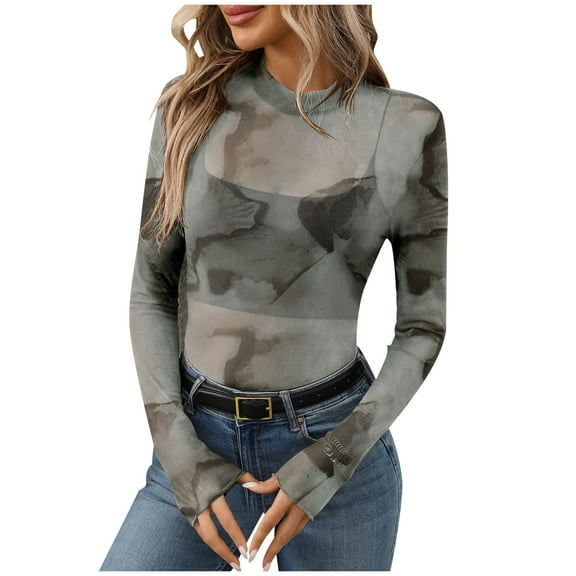 STETMN Women's Mock Neck Tops Slim Fit See Through Long Sleeve Shirt Sexy Printed Going Out T-shirt