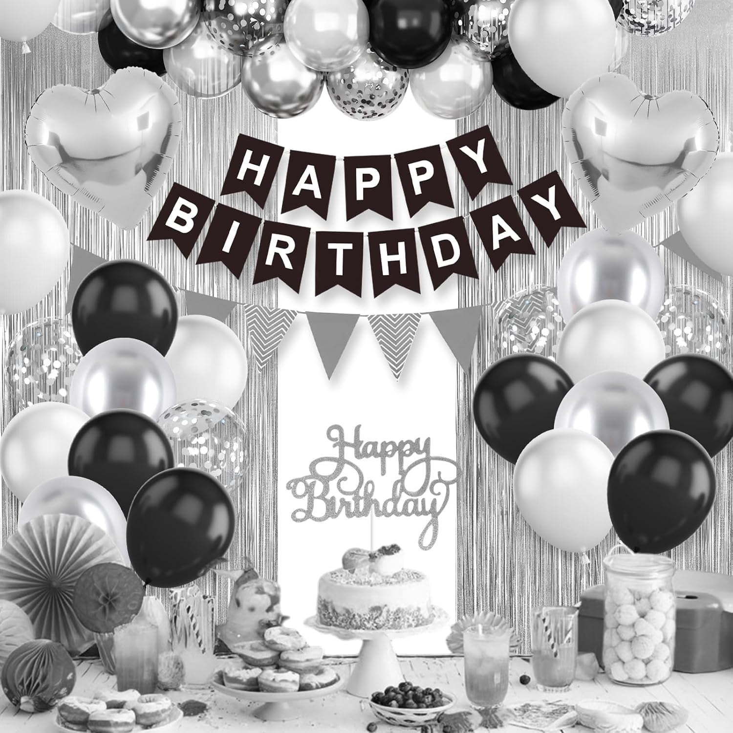 Black Silver Birthday Decorations,Happy Birthday Banner Black and Silver Balloons Fringe Curtain Heart Foil Balloons for Men Women Boys Girls