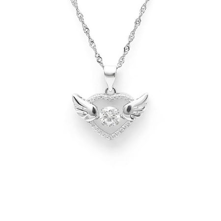 - Ginger Lyne Collection Heart with Wings Dancing Stone Sterling Silver CZ Pendant Necklace Water Waves chain