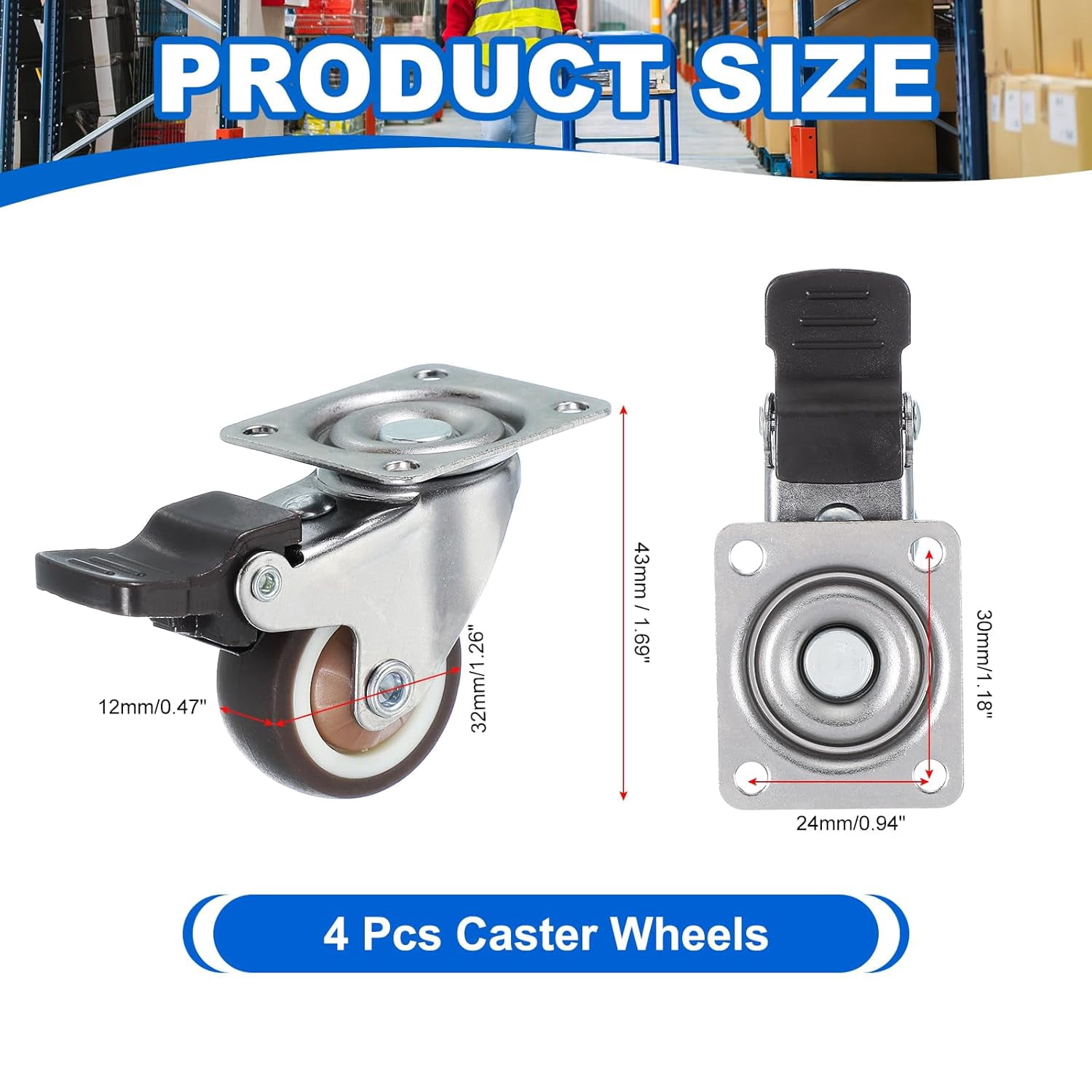FRKSMD-1.3 Inch Caster Wheels, Set of 4 Plate Casters Heavy Duty TPR Locking Swivel Caster with Brake 44 Lbs for Furniture Cart Workbench Equipment, Brown