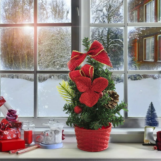Mini árbol de Navidad de escritorio con bolas y lazos galvanizados | Decoración navideña de PVC para el hogar y la oficina | Set de corona festiva de 20 x 10 cm