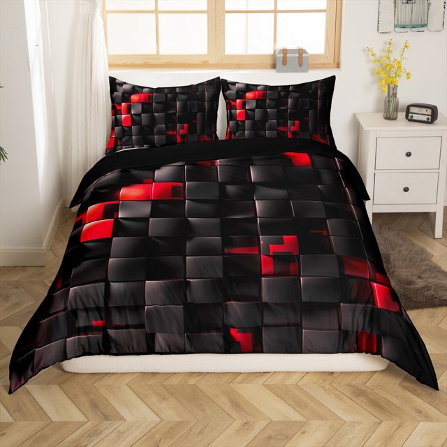 Erosebridal Geometric Square Comforter Cover Queen,Futuristic Cubes Bedding Sets Queen Size,Stereoscopic Room Decorative,Reversible,Ultra Soft,3-Piece(No Comforter)