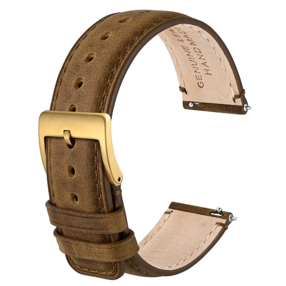 ANBEER 22mm Genuine Leather Watch Band,Quick Release Strap with Stainless Steel Buckle,Retro Brown with Gold Buckle