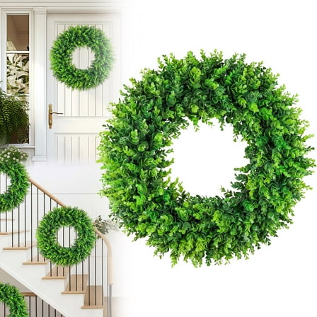 Artificial Boxwood Wreath with Green Leaves and Sash for Front Door, Indoor and Outdoor Decorative Wreath, Year-Round Home Decor – 20in