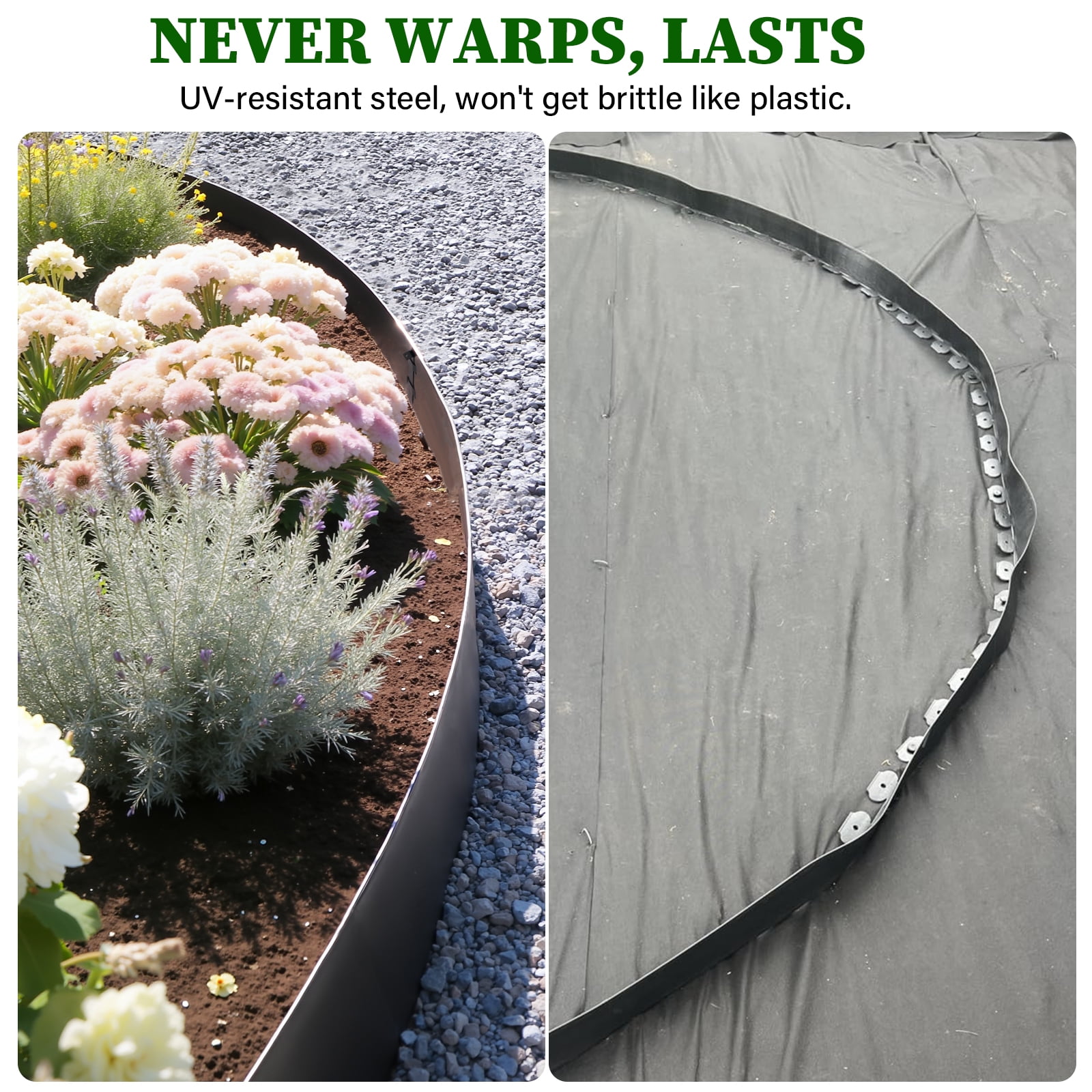 BSHAPPLUS® 8" Tall x 20 ft No Dig Galvanized Steel Landscape Edging, Metal Garden Edging Border,Bendable Lawn Edging with 6 Stakes,Flexible Lawn Strip for Flower Beds,Tree Rings,Lawn Yard and Pathway