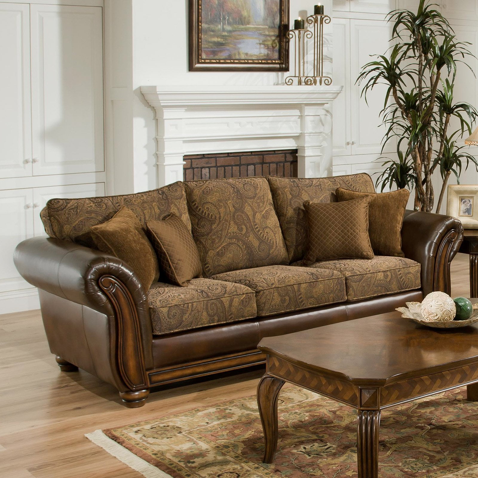 Simmons Zephyr Vintage Leather And Chenille Sofa With Accent Pillows Walmartcom Walmartcom