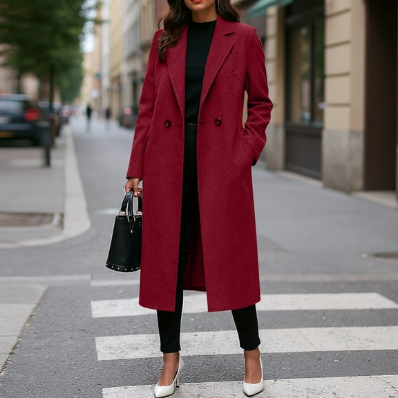 Women's Winter Double Breasted Long Pea Coat Notch Lapel Winter Trench Coat Red XL