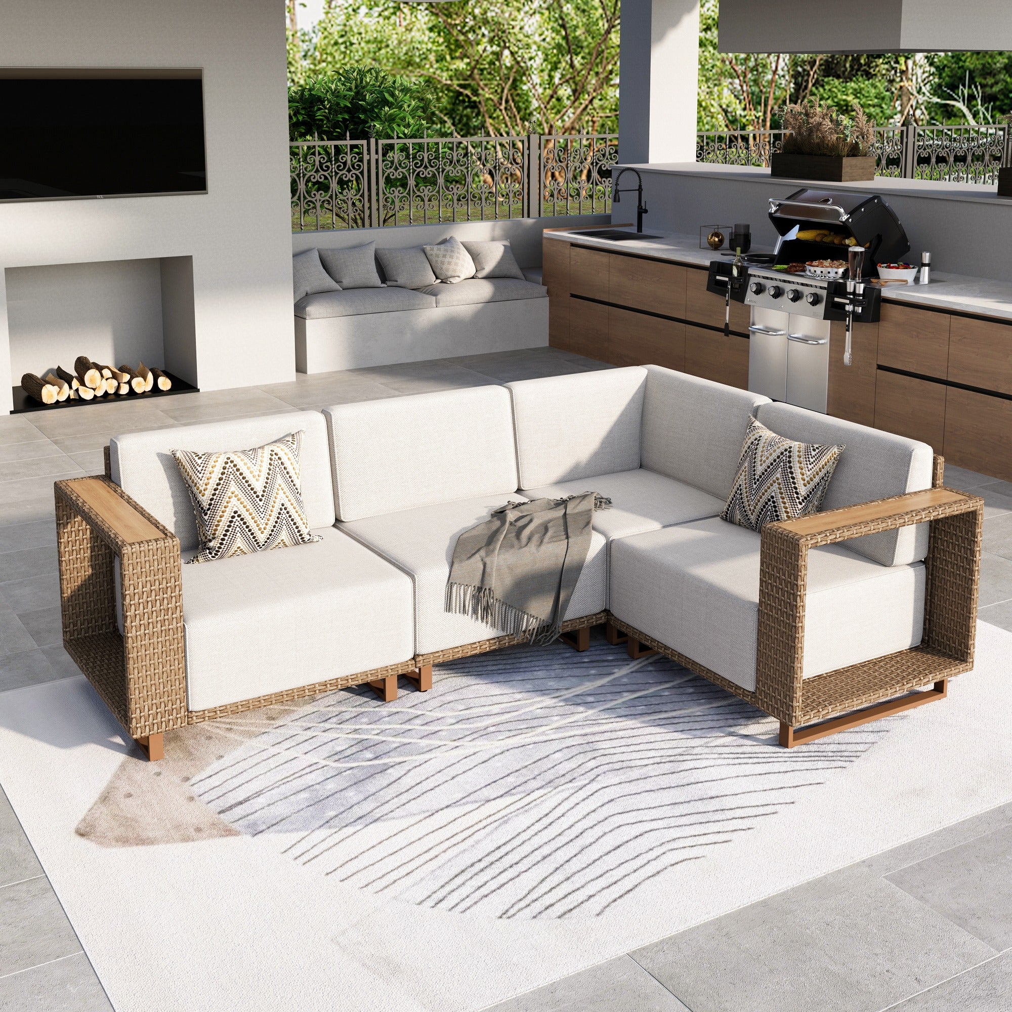 MF Studio 4-Piece Wicker Patio Furniture Set, L-Shaped Outdoor Sectional Sofa with 9.8" Extra Thick Cushions, Beige