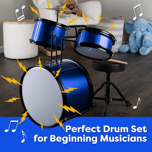 Kids 3-Piece Drum Set with Cymbal, 2 Toms, Bass Drum and Pedal, Drumsticks and Drum Throne for Beginners, Blue by Hey! Play!