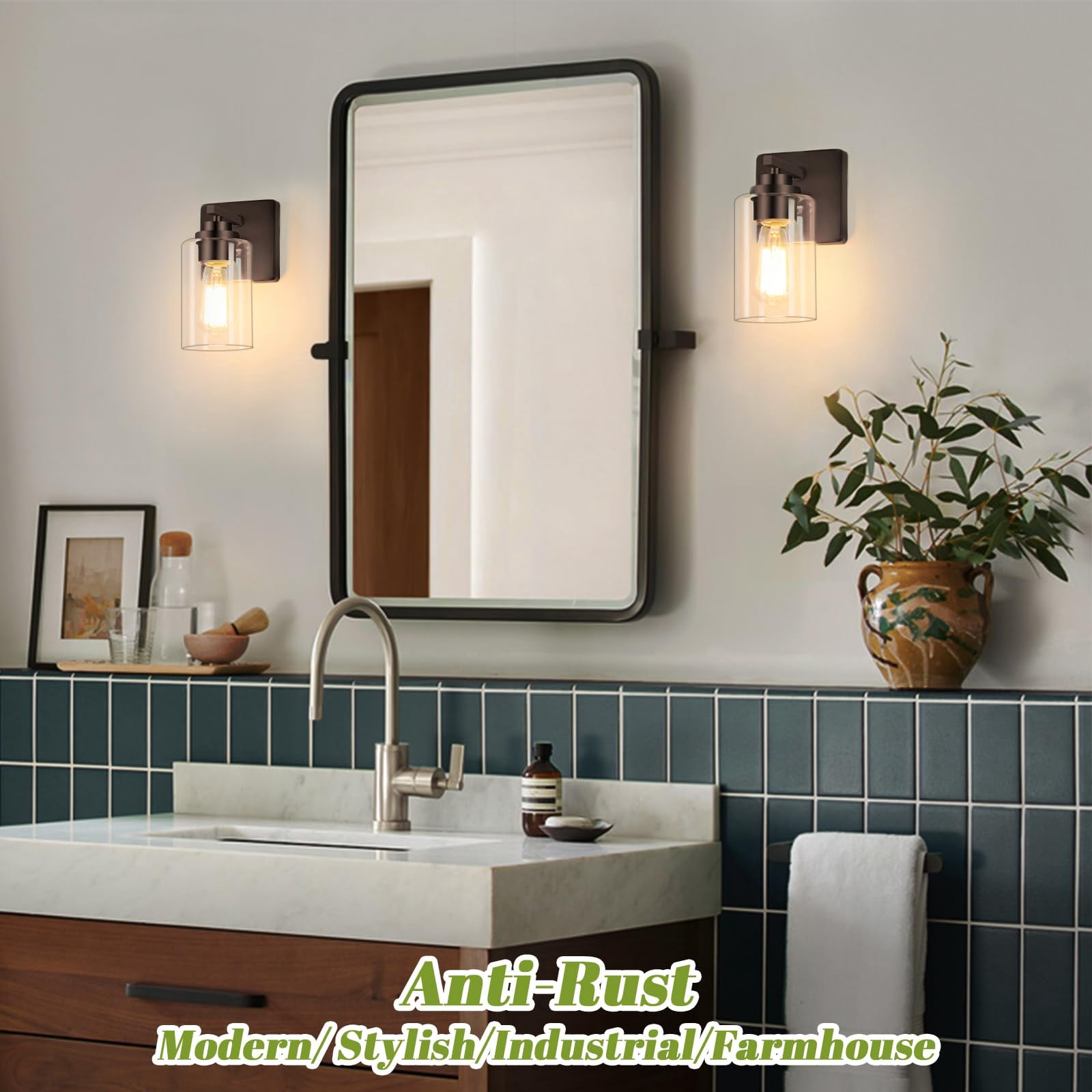 Set Of 2 Wall Sconces For Bathroom  Modern Vanity Light Fixtures Oil Rubbed Bronze Mount Lighting Lanterns Farmhouse Lights With Clear Glass Shade Bedroom Living Room Mirror Hallway