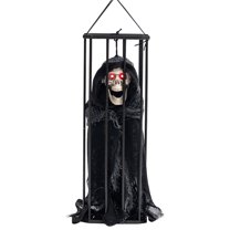 BNNG Glow in the Dark Skeleton Hanging Decorations Halloween Decor Prop with Motion Sensor Scary Skull Cage Prisoner Spooky Hanging Ghost Light Up Eyes
