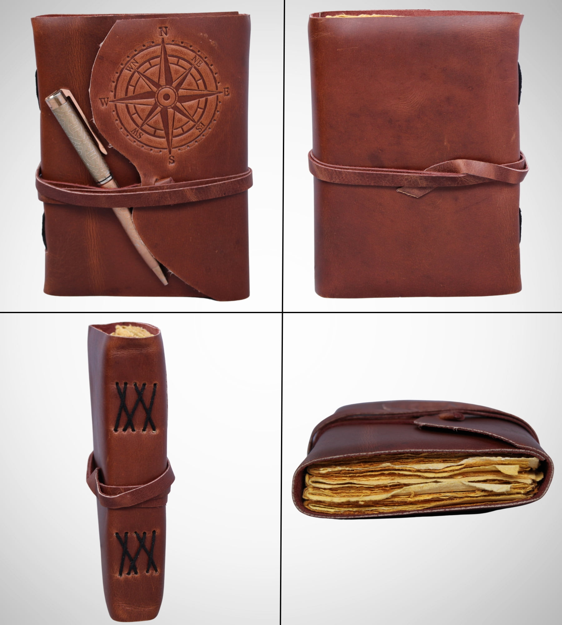 Compass Embossed Handmade Leather Diary Bound Writing Journal Notebook Diary Notepad Unlined Blank Paper Brown Sketchbook Drawing Journal