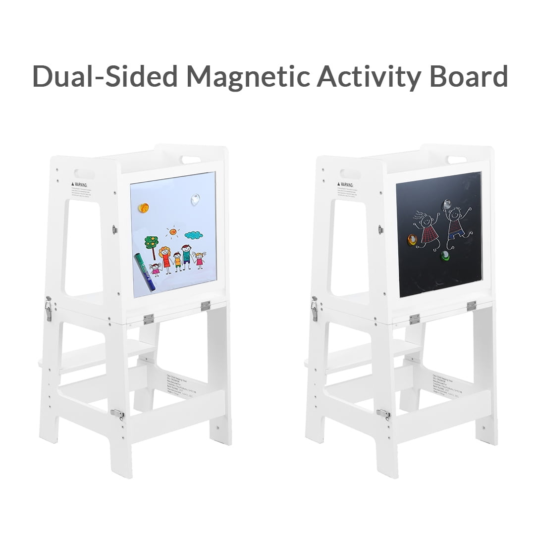 Height Adjustable Kids Kitchen Step Stool with Magnetic Activity Board White 