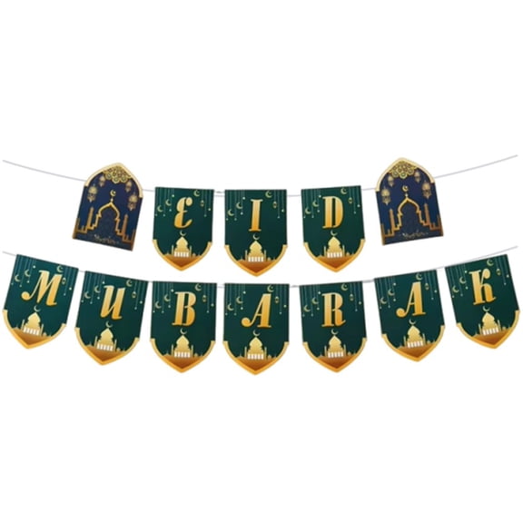 Jiibva Eid Mubarak Paper Banner Islamic Muslim Hanging Bunting Banner Ramadan Mubarak Party Hanging Garland for Fireplace Wall