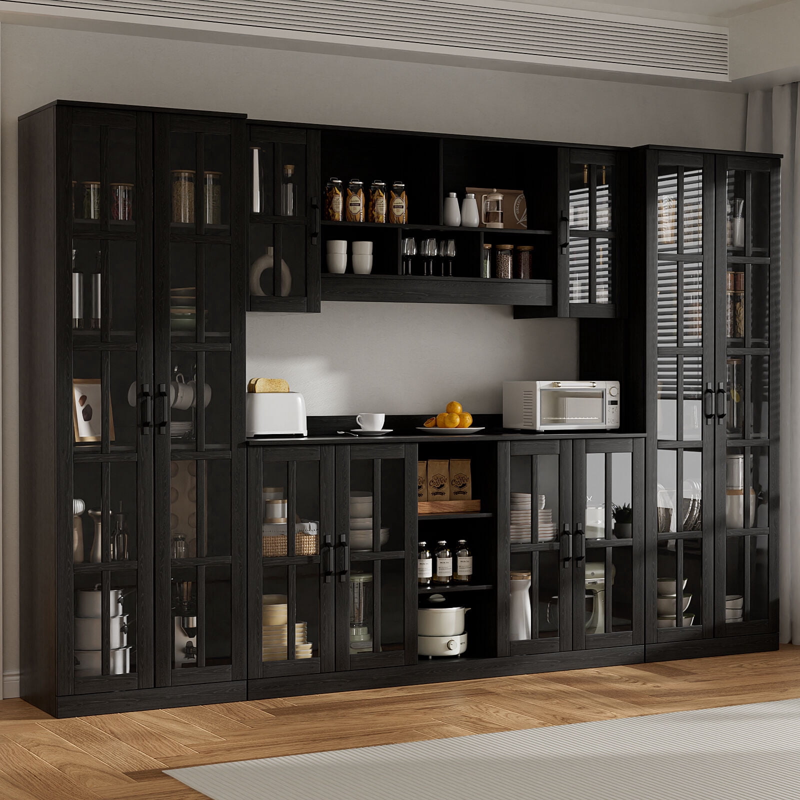 RichYa 71"H Tall Pantry Cabinet,Storage Cabinet with 2 Glass Doors and Shelves,5 Tier Display Cabinets for Living Room,Dining Room,Black(A)