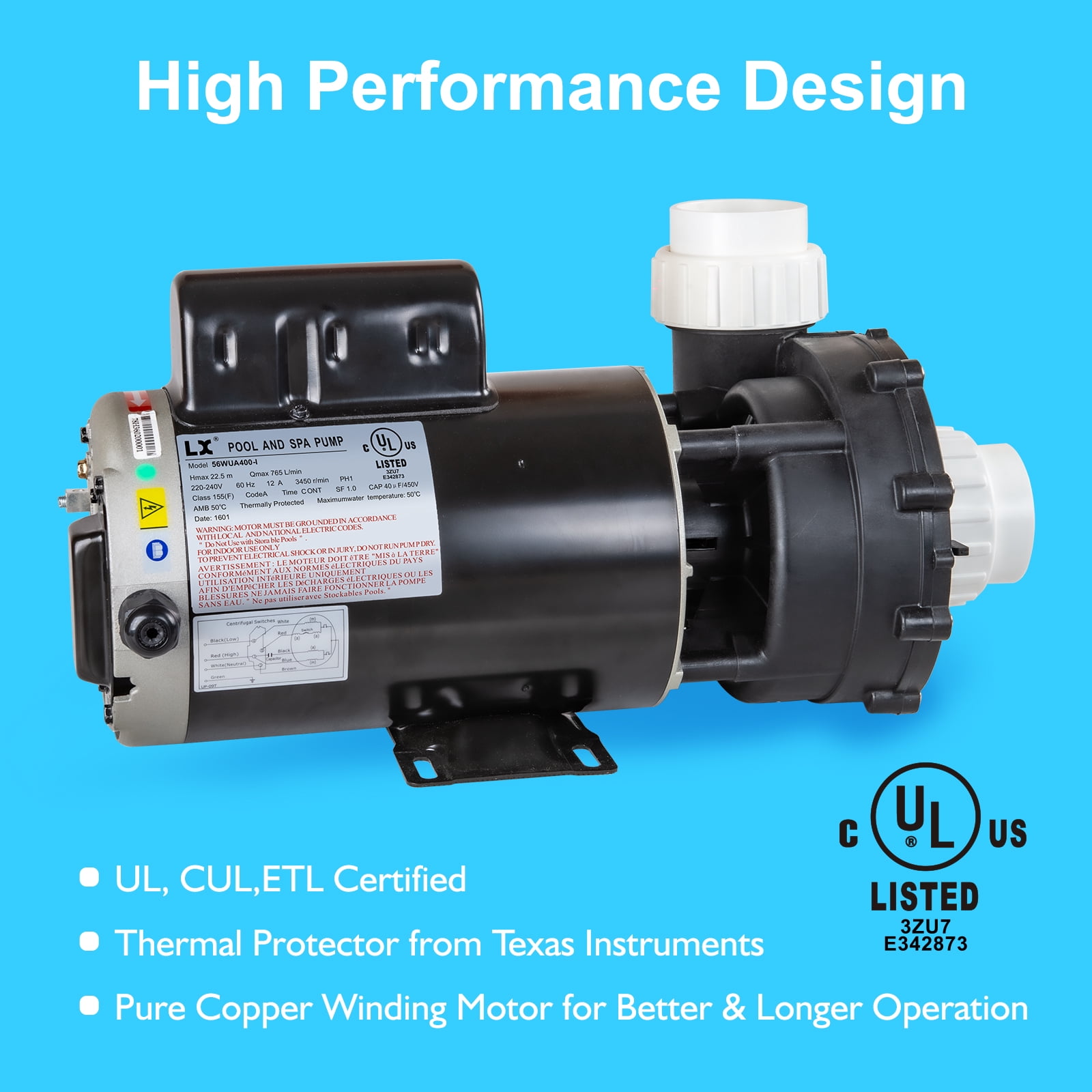 LINGXIAO SPA Pump, Single Speed Hot Tub Pump - LX SPA Pump Motor 4HP, 230V, 2" Port (Model: 56WUA400-I)