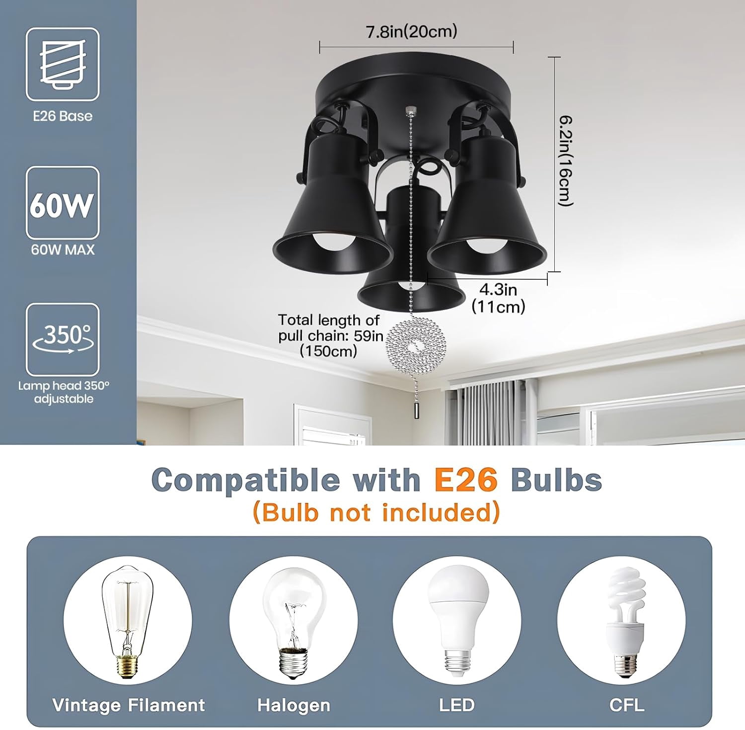 KEESFU 3-Light Track Lighting with Pull Chain, Adjustable Ceiling Spotlight with Extended Cord, Modern Industrial Flush Mount Light for Kitchen Garage Pantry
