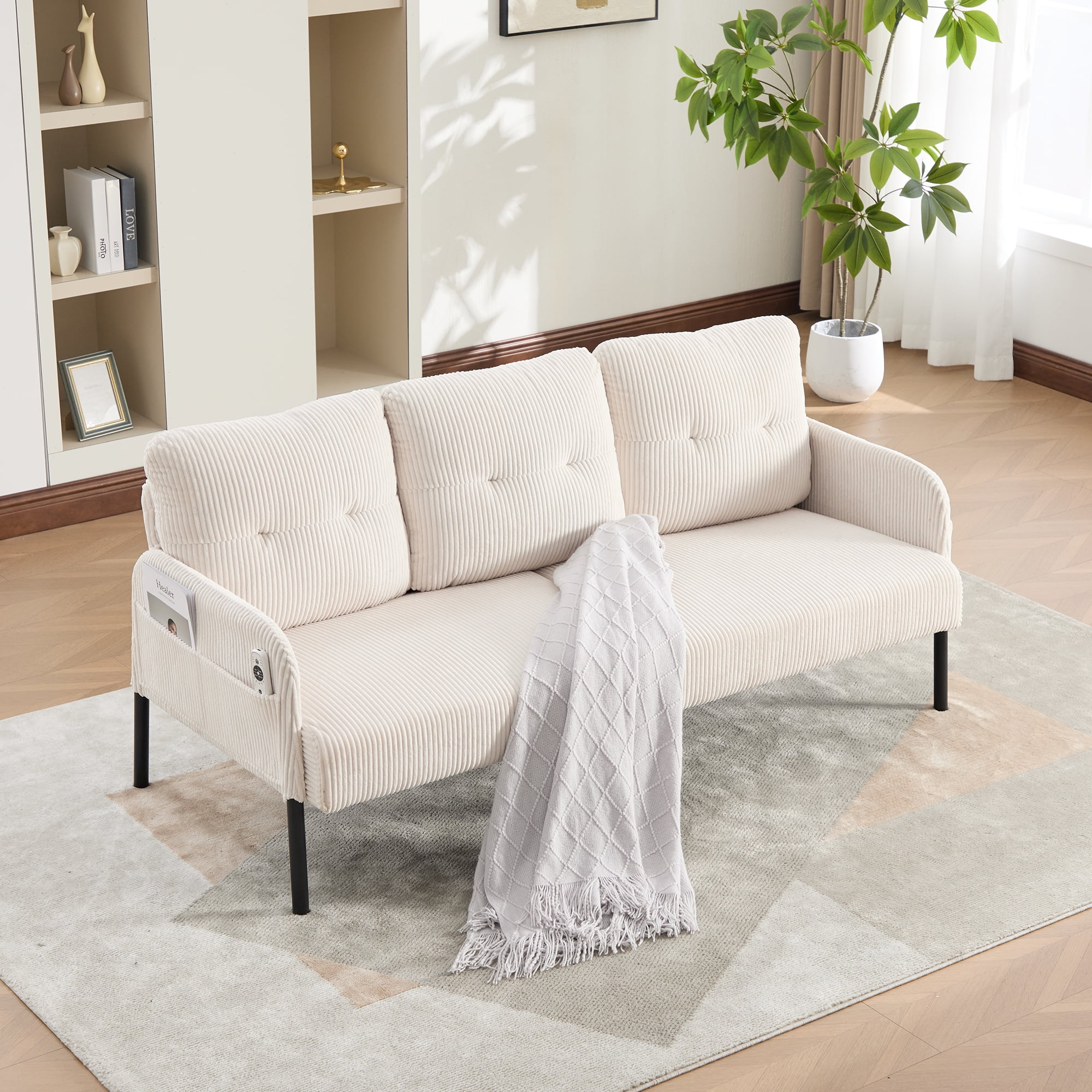 Loveseat, Small Sofa, Couch, Oversized Corduroy 2-Seater Sofa with Side Storage Pockets and Sturdy Metal Legs for Apartment, Dorm or Living Room, Beige