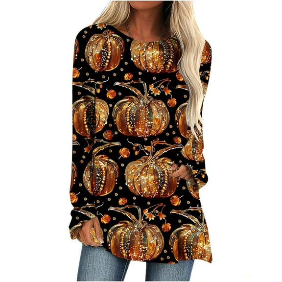 VKOYWKM Thanksgiving Pumpkin Shirts Women Tunic Tops Thankful Pumpkin Graphic Long Sleeve Fall T-Shirt Casual Crew Neck Loose Fit Blessed Top