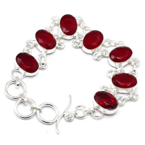 Samrat Jewels Red Emerald Gemstone Sterling Silver Handmade Jewelry Bracelet, 1 Pack