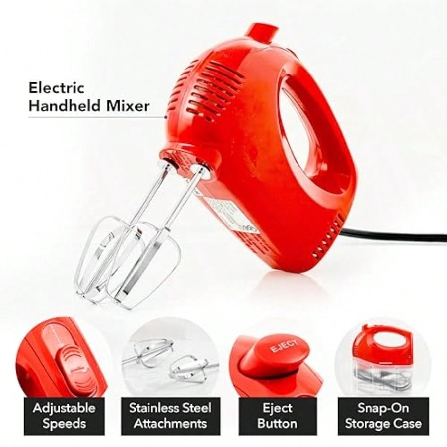 5-Speed Corded Electric Hand Mixer with Stainless Steel Whisks Compact Portable Design with Snap-On Storage Case 150W Lightweight Handheld Mixer for Baking and Cooking Red