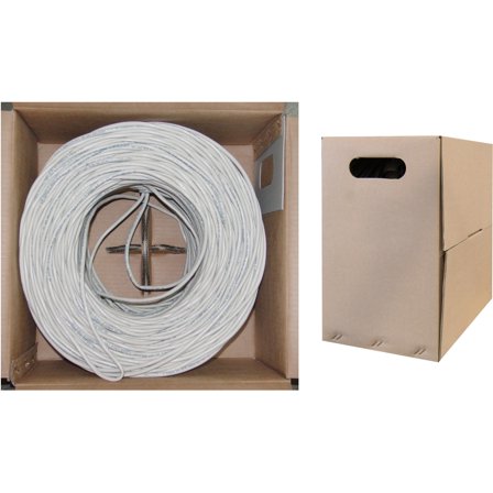 1000 Foot Bulk Cat5e Plenum Rated (CMP) Ethernet Cable, 4 Pair Solid Bare Copper, UTP (Unshielded Twisted Pair) with PullBox, CableWholesale White