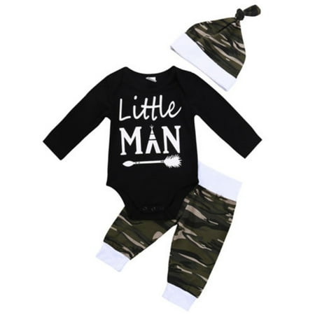

Bagilaanoe 3pcs Newborn Baby Boy Long Pants Set Letter Print Long Sleeve Romper Tops + Camouflage Trousers + Hat 6M 9M 12M 18M Infant Casual Outfits