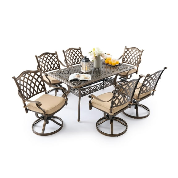 7 Piece Outdoor Dining Set Cast Aluminum, Patio Dining Set for 6 Includes 59”Table 6 Swivel Chairs with Thicker Cushions and Umbrella Hole