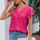 thumbnail image 3 of Blusa plisada de manga corta con volantes y cuello en V para mujer, camisa de manga corta a la moda suave y agradable para la piel, Top rosa rojo XL, 3 of 6