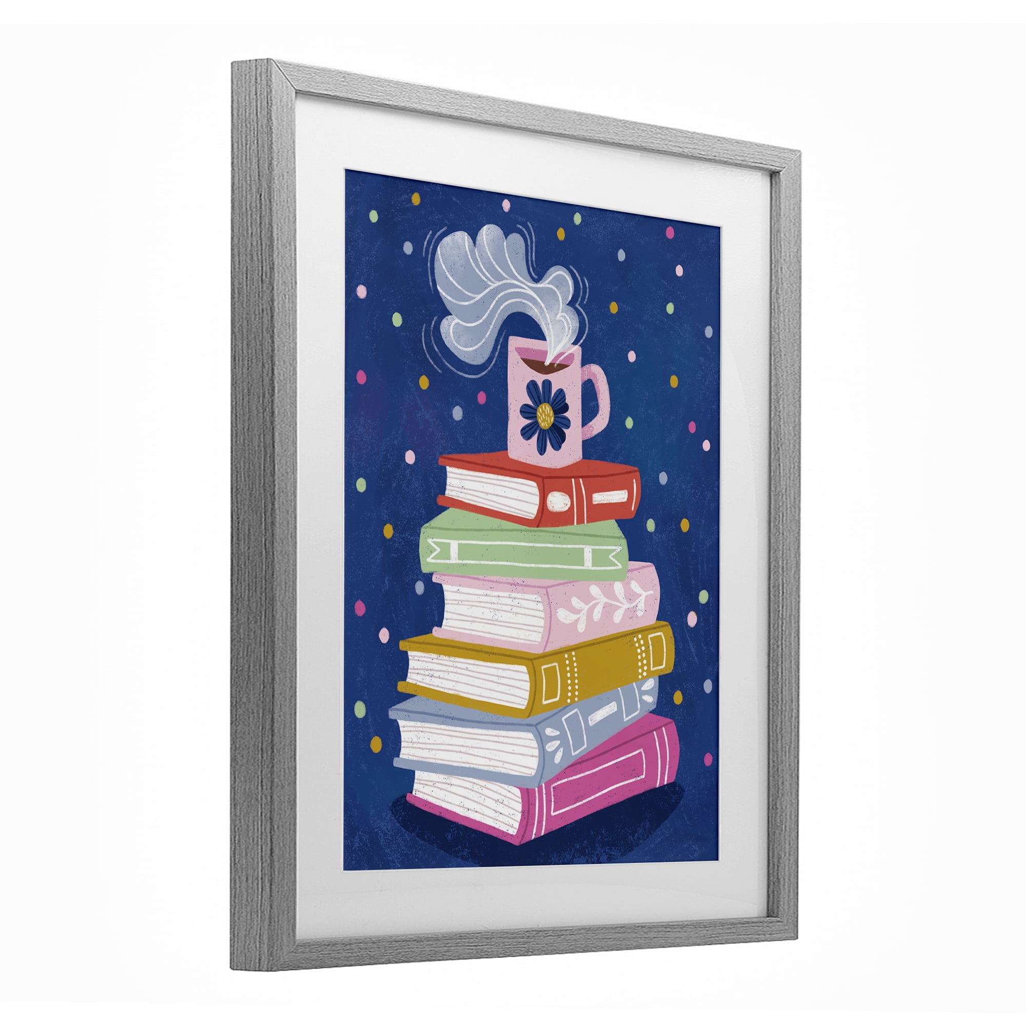 Stupell Industries Book Stack & Cozy Mug Gray Framed Print Under Glass, design by Vanessa Stoilova