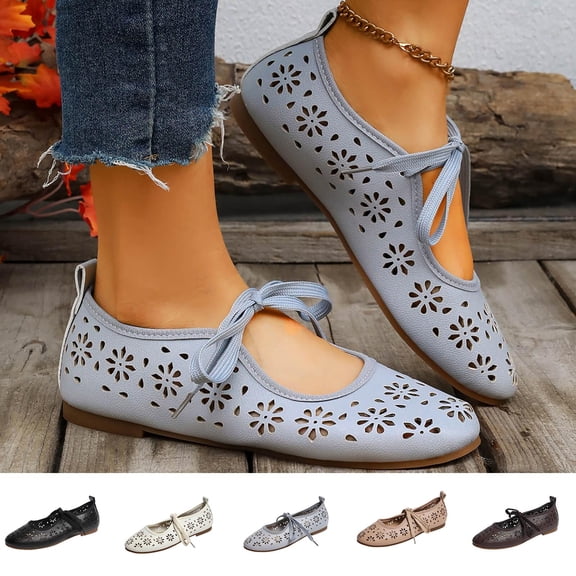 GERsome Womens Ballet Flats Round Toe Lace-Up Dressy Floral Mary Jane Shoes Summer Comfort Casual Flats Shoes, Light Blue Size 5.5