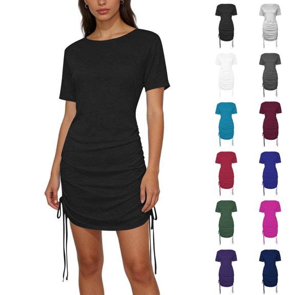 Asxite Summer Dresses for Women Casual Solid Round Neck Adjustable Drawstring Short Sleeve Slim Sundress
