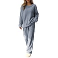 thumbnail image 2 of Ashyfjp Womens Casual Two Piece Home Outfit Vertical Ribbed Fleece Top & Structured Waist Straight Leg Pants Leisure Outfits, 2 of 5