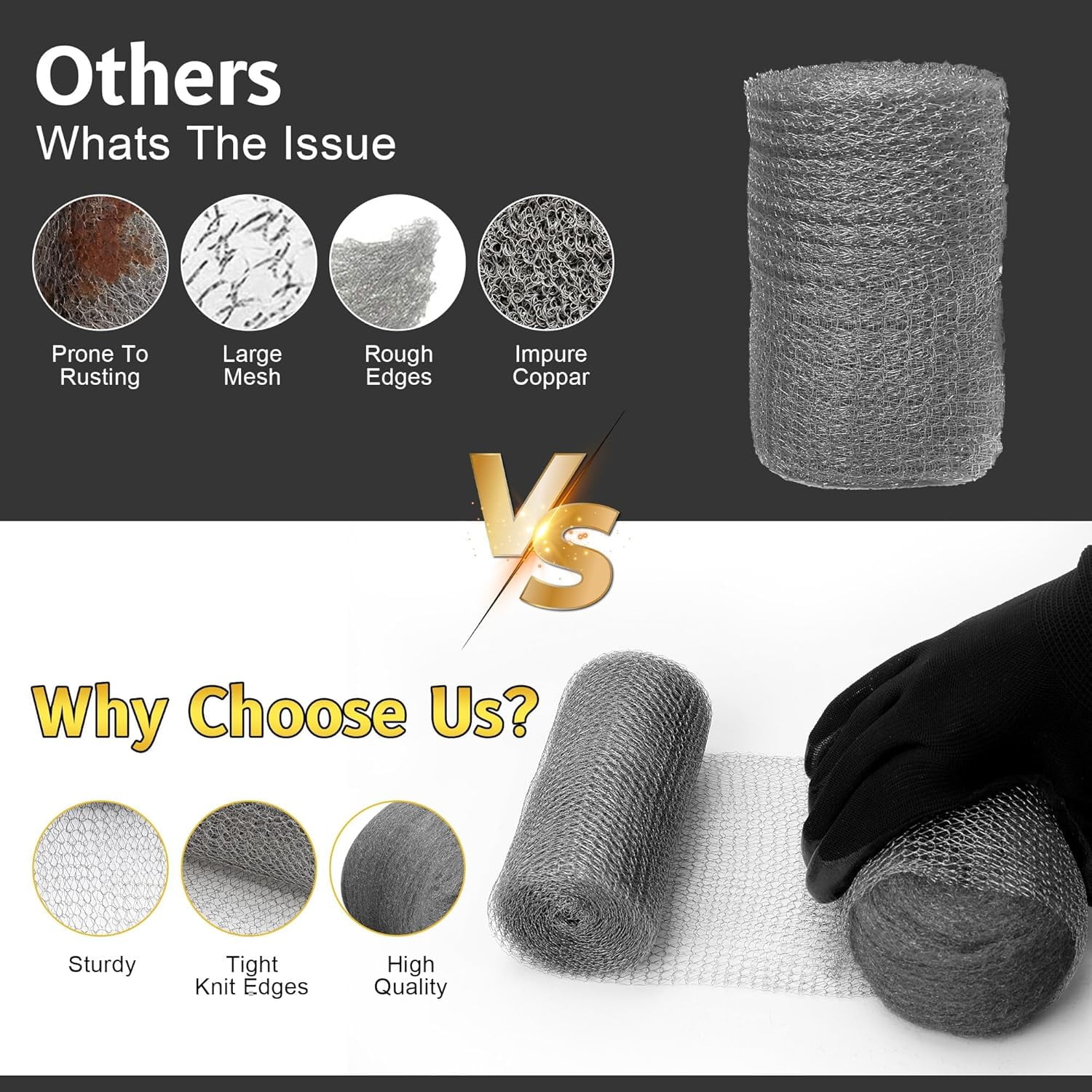 Steel Wool Mice Fabric Roll Contro L - 3 Pcs Steel Wool 0000 & 1 Pcs Wire Mesh with Metal Tweezers, Gloves & Scissors, Steel Wool & Wire Mesh Fill Hole for Mice, Mouse Hole Filler for House Garden