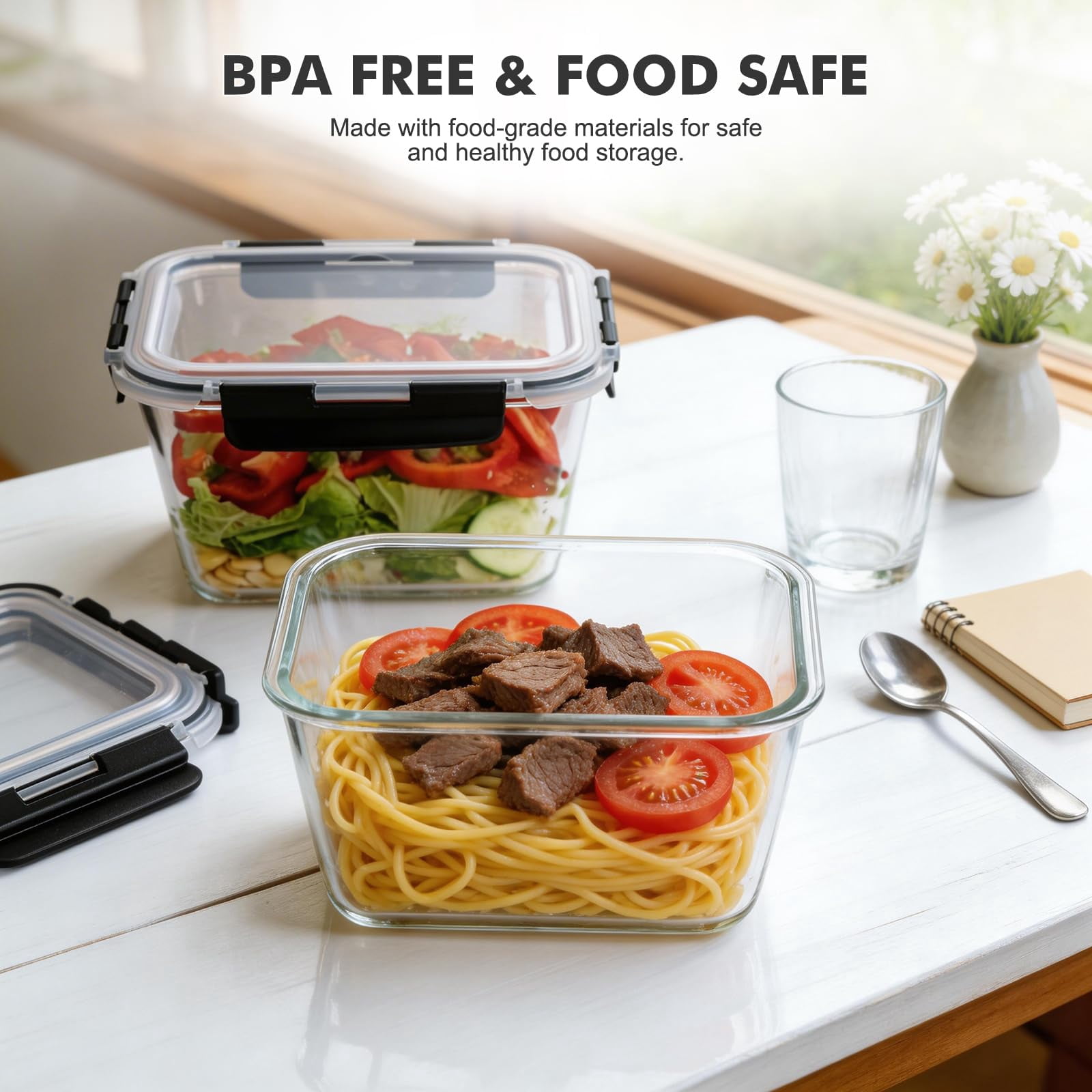 Glass Food Storage Containers with Lids – Airtight Meal Prep Containers, Leak-Proof Locking Bento Boxes for Microwave, Oven, Freezer, Dishwasher, BPA Free