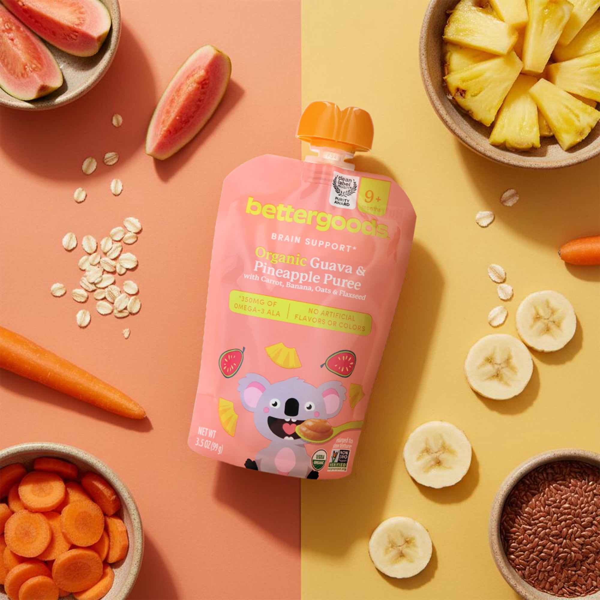 (12 pack) bettergoods Organic Stage 3 Baby Food Brain Support Blend, Guava and Pineapple Puree, 3.5 oz Pouch