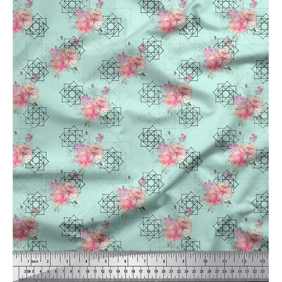 Soimoi Green Cotton Duck Fabric Floral & Geometric Print Fabric by The Yard 42 Inch Wide